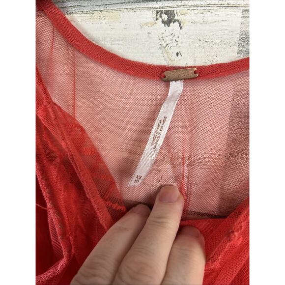 Free People Red Lace Sheer Slip Dress XS – Boho Party / Date Night Look - Picture 7 of 12